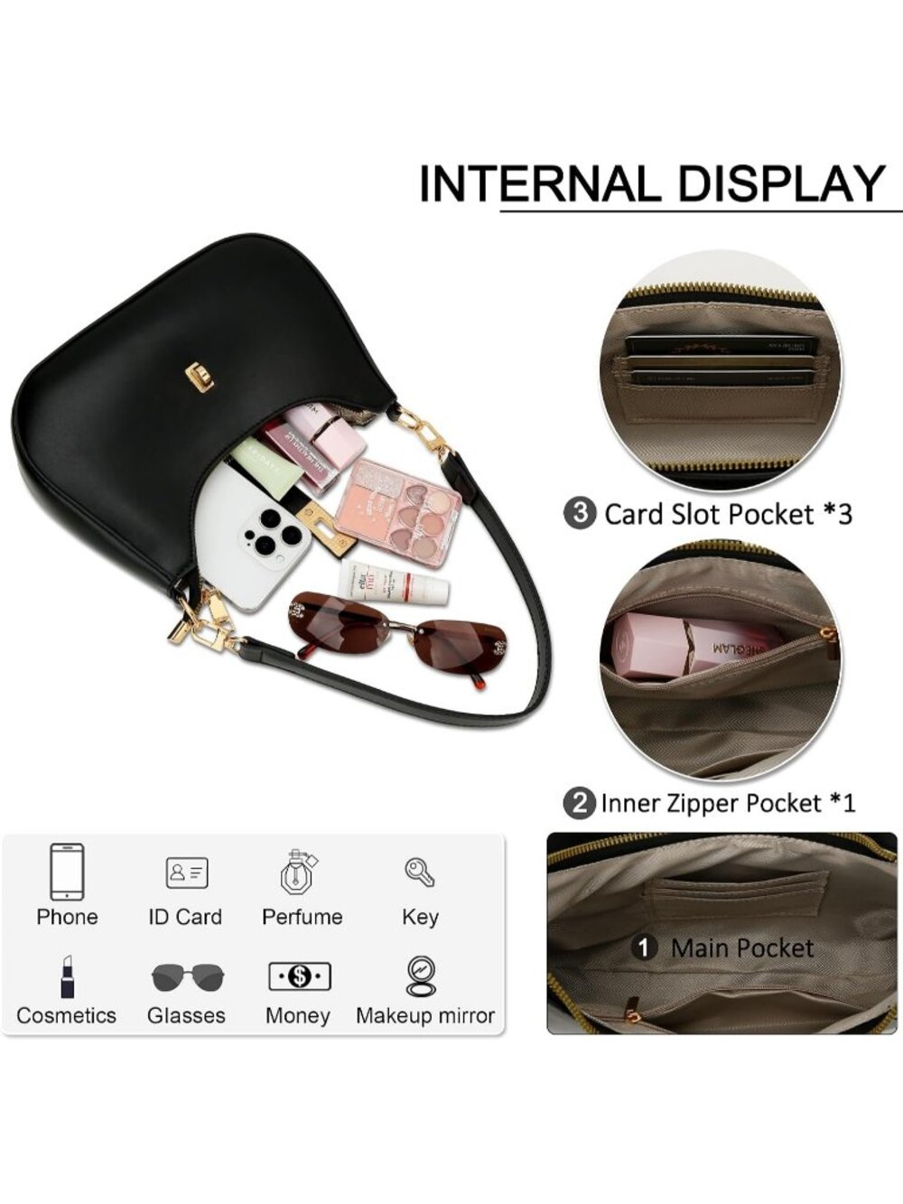 Women's Black Vegan Leather Hobo Gold Buckle Retro Shoulder Crossbody Bag - Picture 5 of 6
